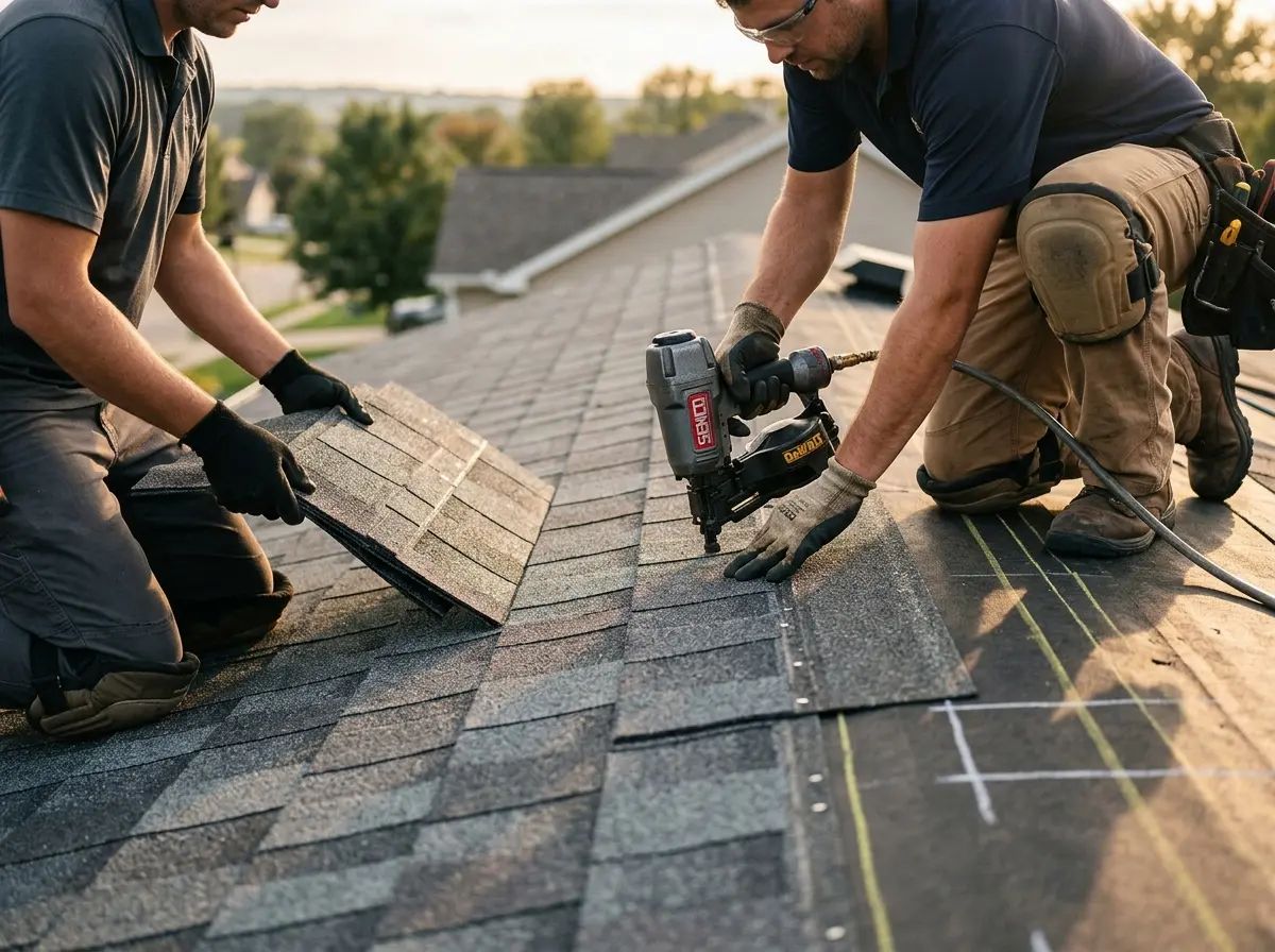 Professional roofer working on a residential roof in Atmore